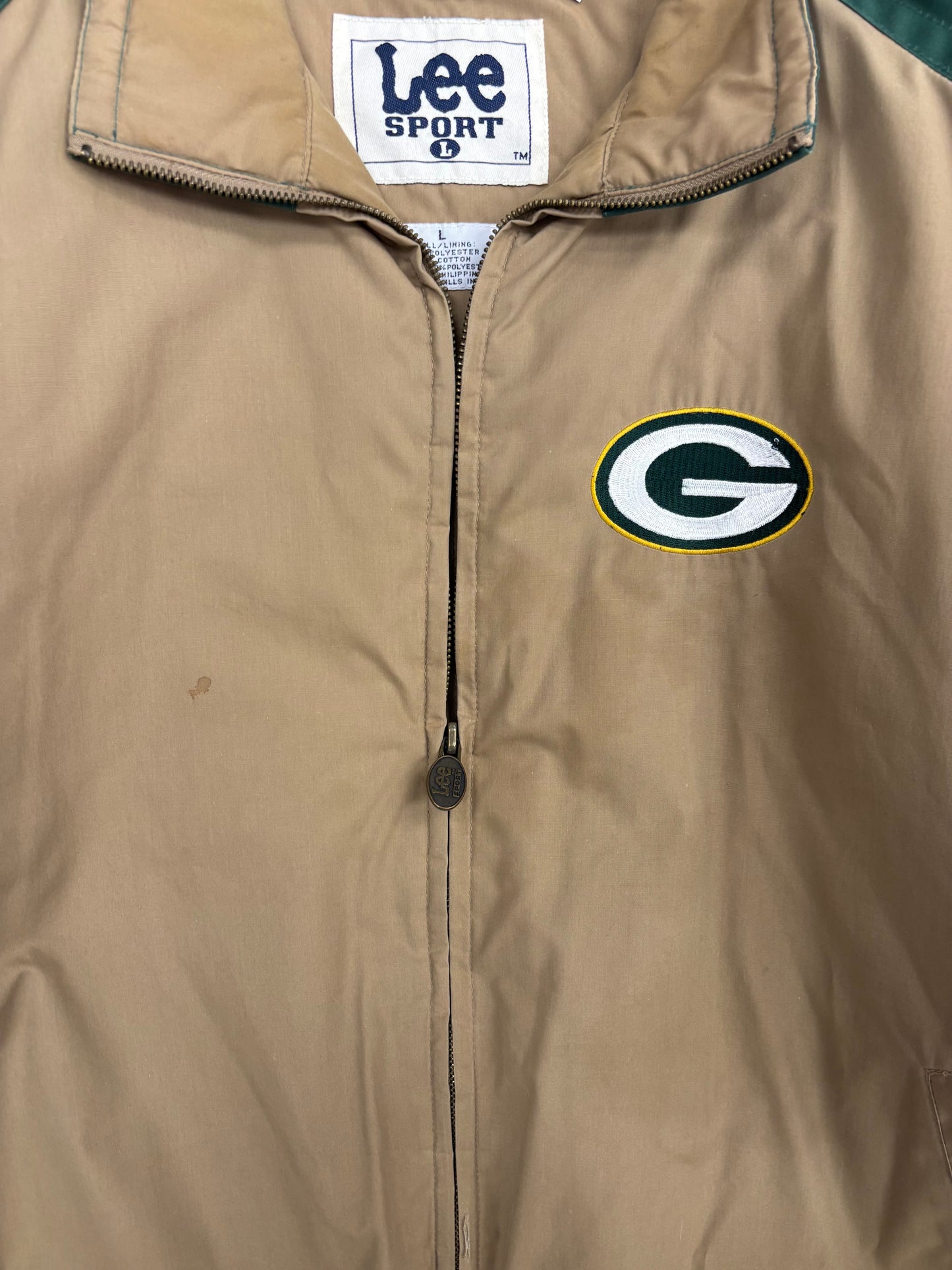 (L) Vintage 90s Lee Sports Green Bay Packers Tan/Green Zip-Up Jacket