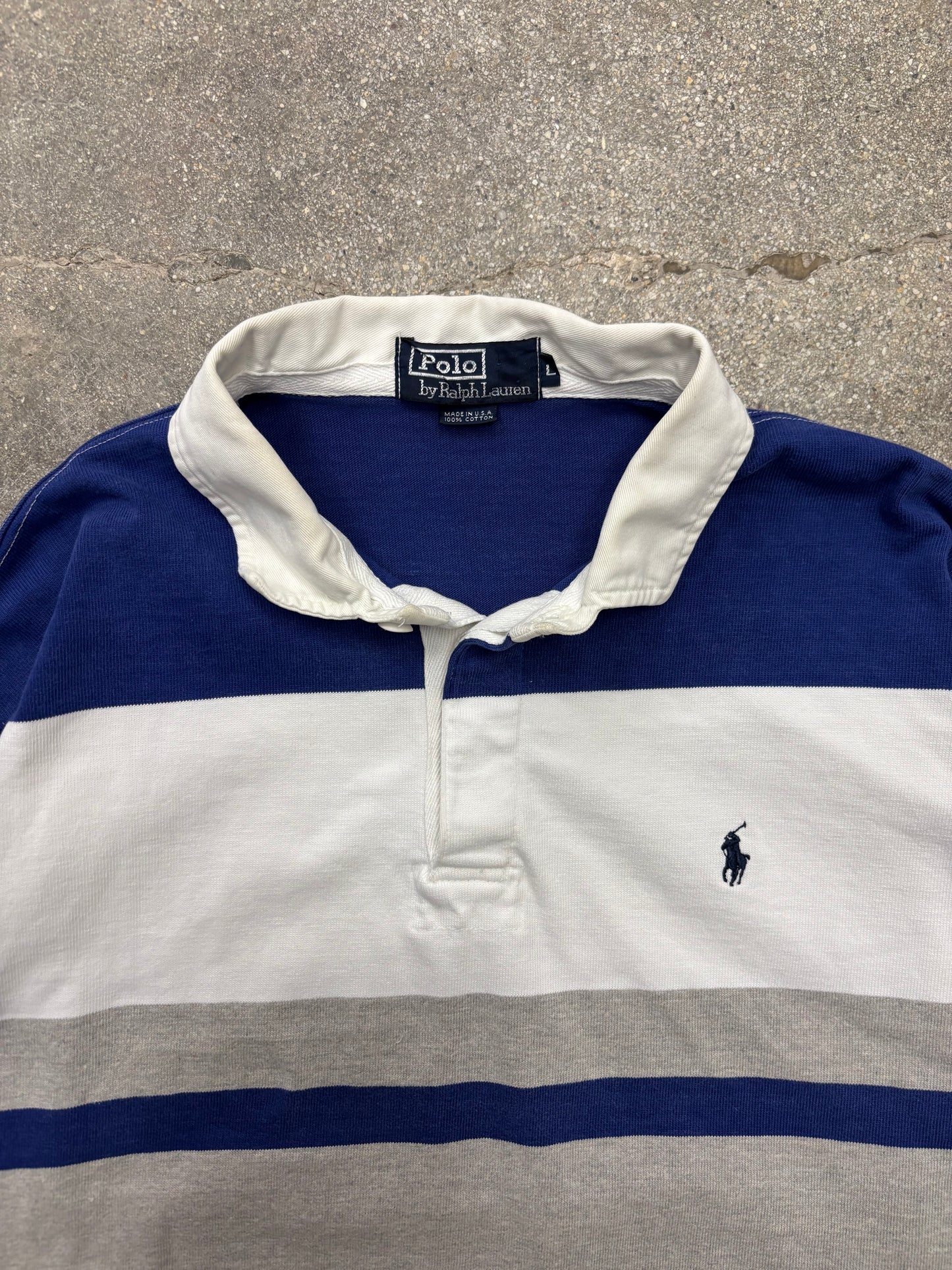 (XL) Polo Ralph Lauren White, Grey, & Blue LS Rugby Shirt