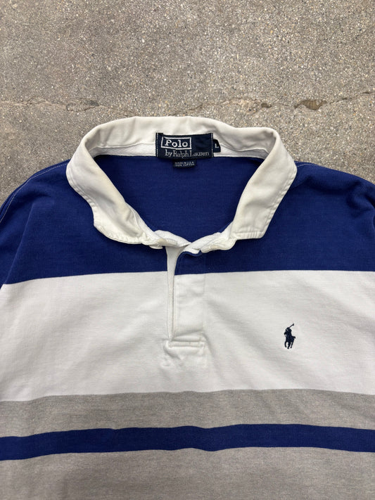 (XL) Polo Ralph Lauren White, Grey, & Blue LS Rugby Shirt