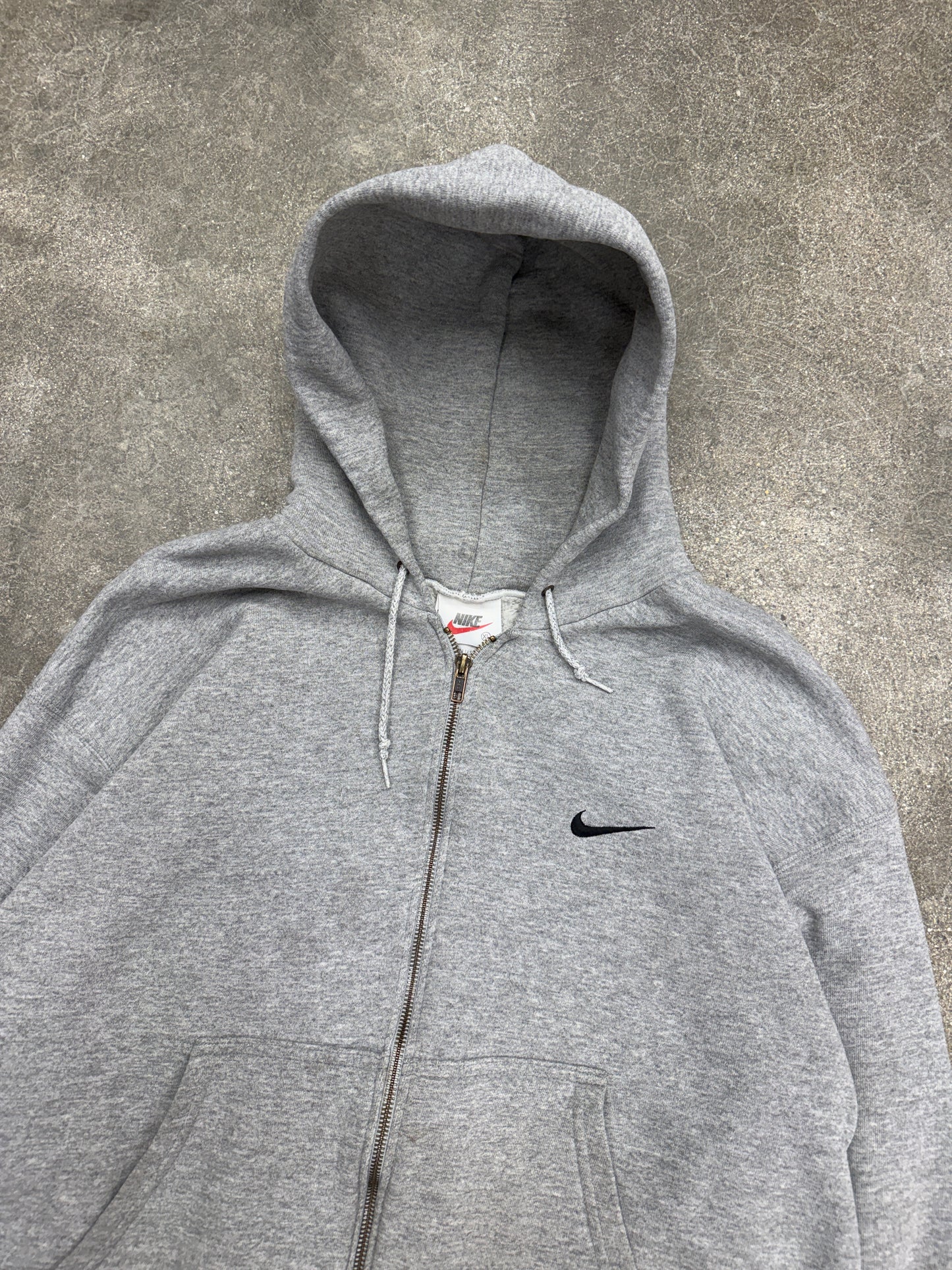 (L/XL) 90s Vintage Nike Embroidered Swoosh Zip Up Hoodie Sweatshirt White Tag