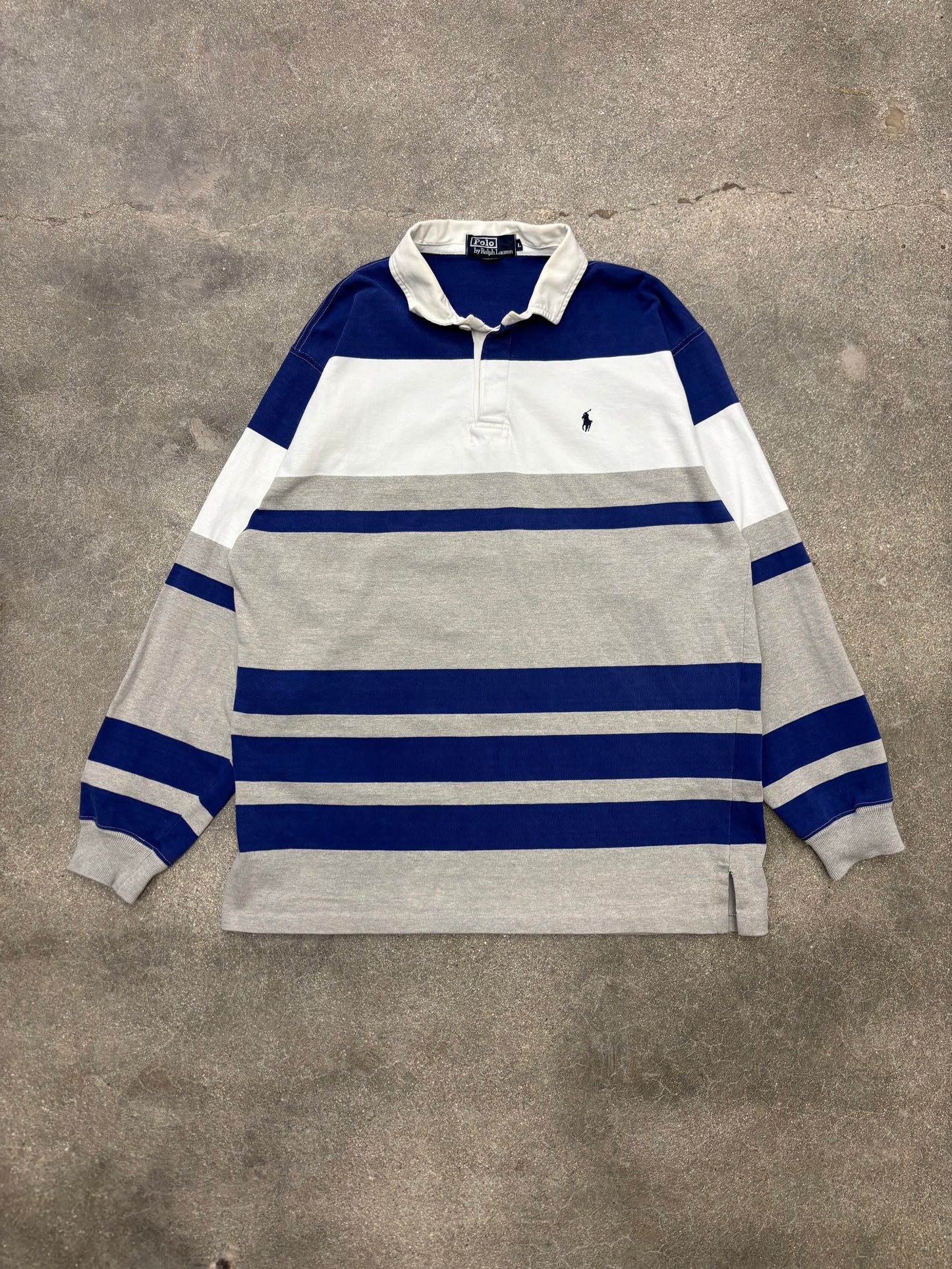 (XL) Polo Ralph Lauren White, Grey, & Blue LS Rugby Shirt