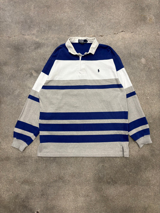 (XL) Polo Ralph Lauren White, Grey, & Blue LS Rugby Shirt