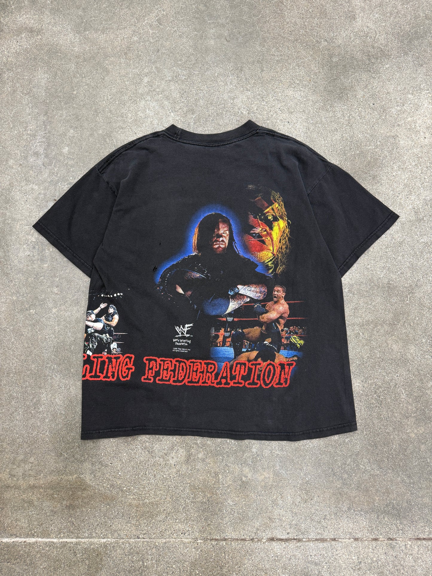 (M) Vintage WWF Stone Cold, The Rock, Undertaker, Kane Wrap Around AOP Tee Shirt