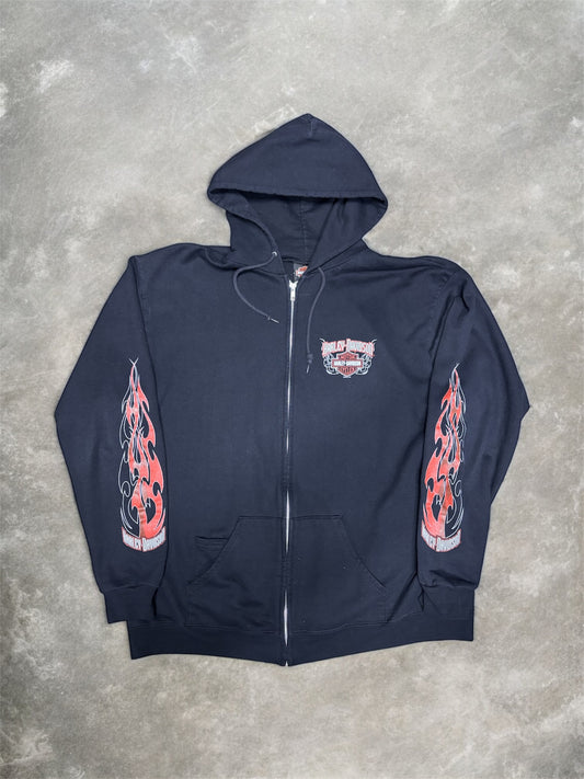 (L) Vintage 00s Harley Davidson Flaming Zip Up Hoodie