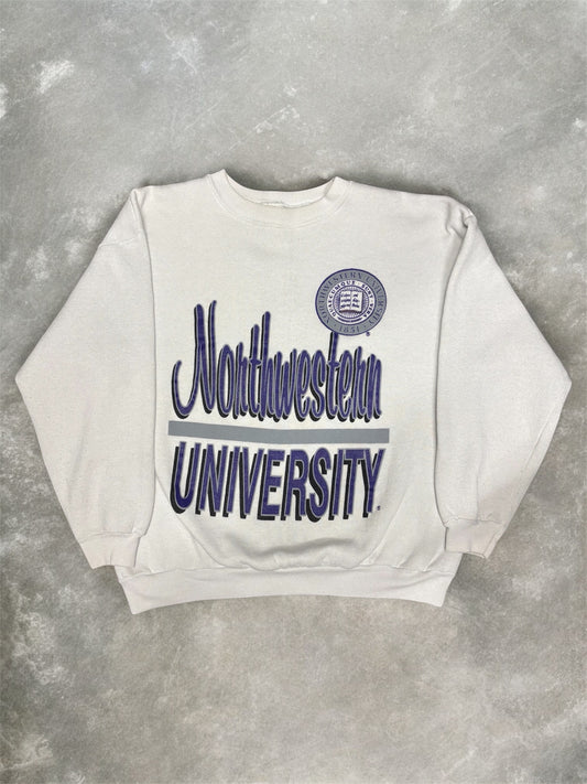 (L) Vintage 90s Northwestern University White Crewneck