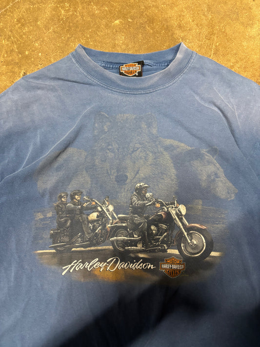 (L) Vintage 90s Harley Davidson Bears & Bikes Blue Faded T-Shirt