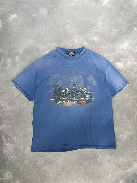 (L) Vintage 90s Harley Davidson Bears & Bikes Blue Faded T-Shirr