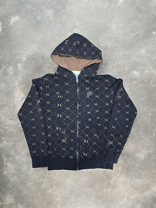 (S) Vintage Y2K Fox Racing All-Over Print Black Zip Up Hoodie